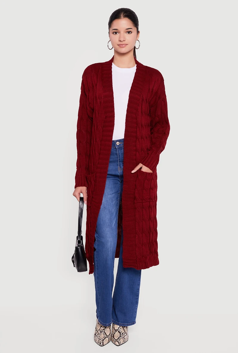 Cable Knit Open Front Long Cardigan