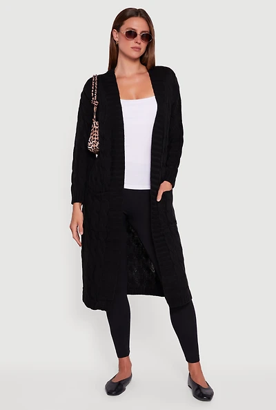 Womens Open Front Cable Knit Long Cardigan,