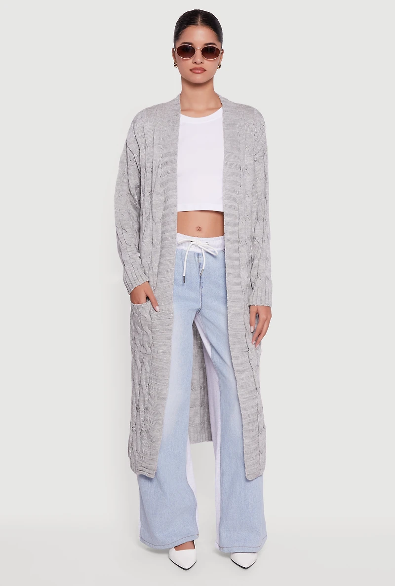 Womens Open Front Cable Knit Long Cardigan, Grey, Size S