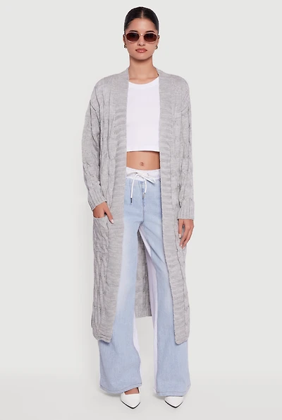Womens Open Front Cable Knit Long Cardigan, Grey, Size S