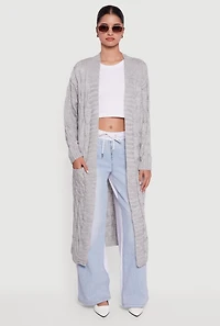 Womens Open Front Cable Knit Long Cardigan, Grey, Size S