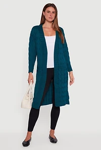 Womens Open Front Cable Knit Long Cardigan,