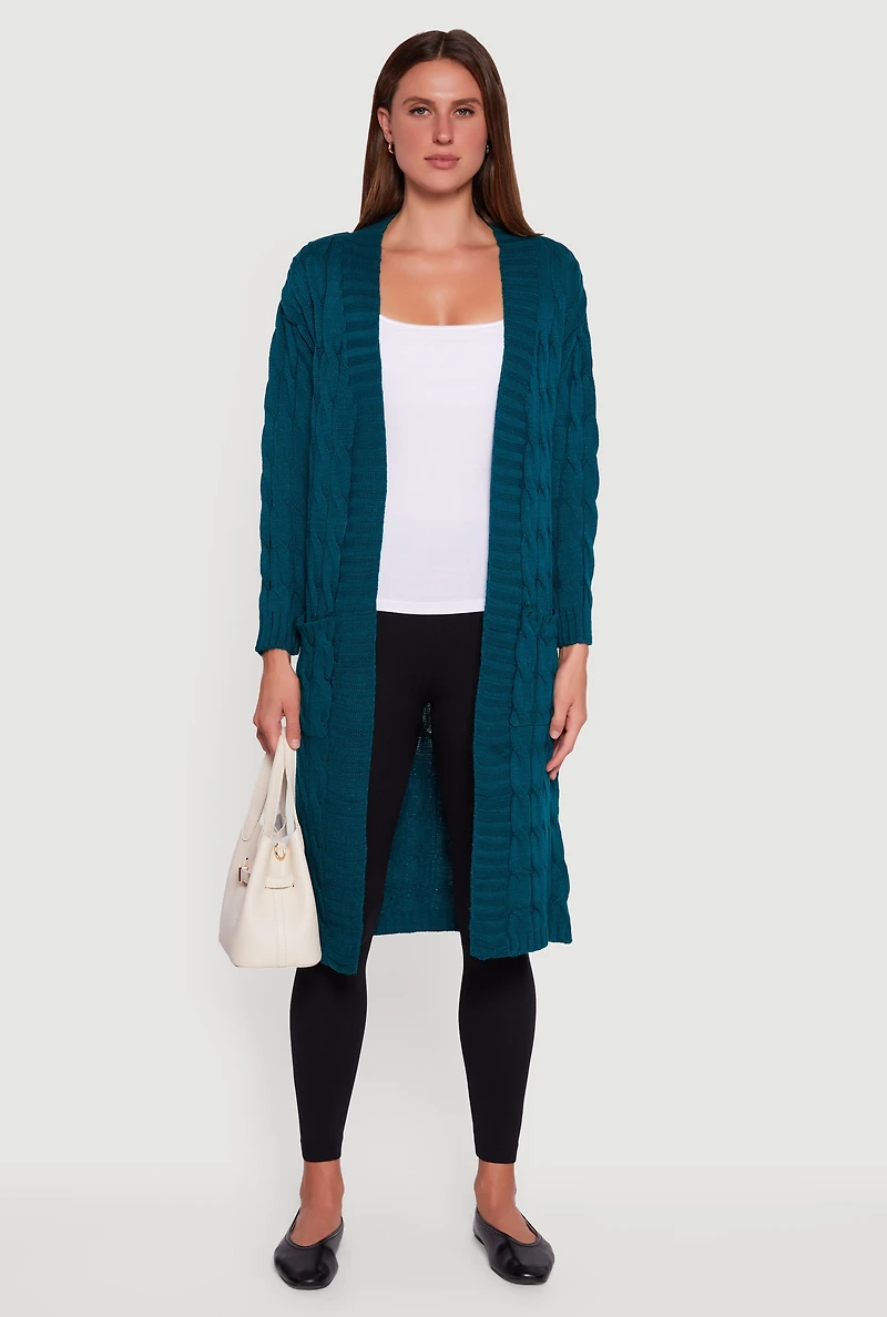 Open Front Cable Knit Long Cardigan