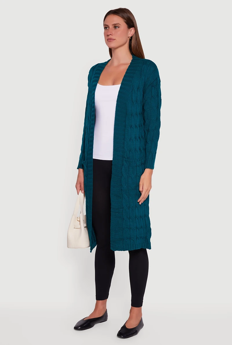 Open Front Cable Knit Long Cardigan