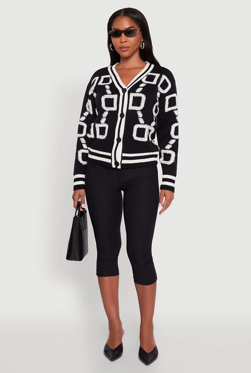 Womens Varsity Stripe Chenille Chain Print Cardigan, Black, Size XL
