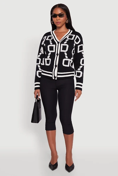 Womens Varsity Stripe Chenille Chain Print Cardigan, Black, Size XL