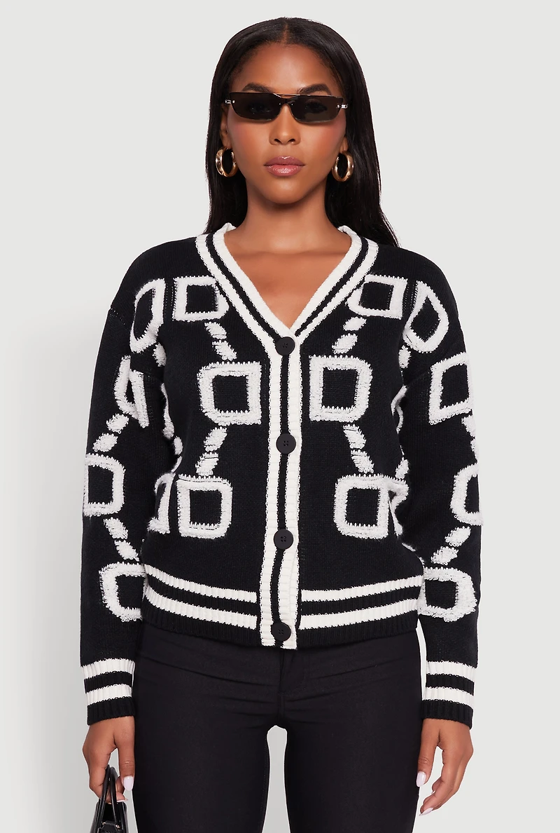 Womens Varsity Stripe Chenille Chain Print Cardigan, Black, Size XL