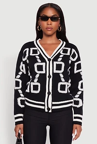 Womens Varsity Stripe Chenille Chain Print Cardigan, Black, Size XL