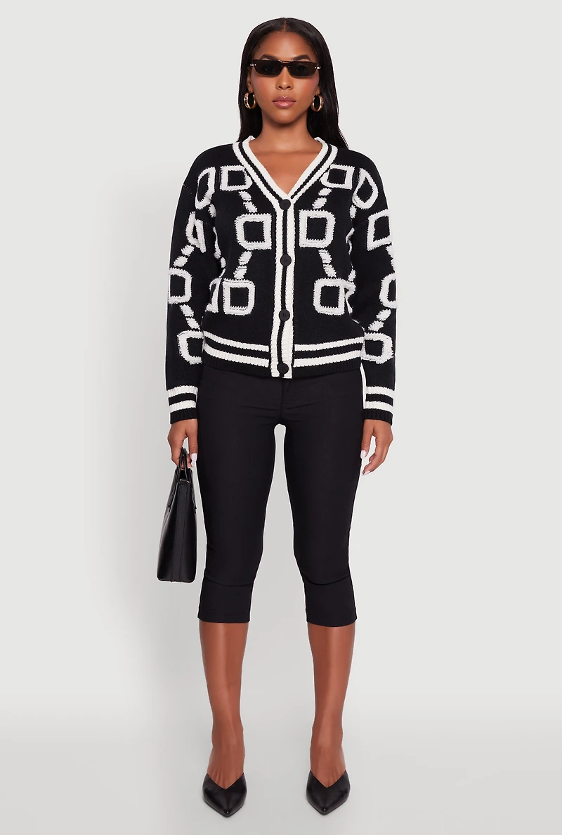 Womens Varsity Stripe Chenille Chain Print Cardigan, Black, Size XL