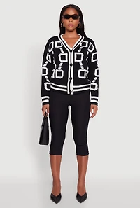 Womens Varsity Stripe Chenille Chain Print Cardigan, Black, Size XL