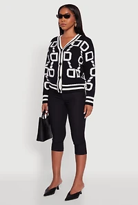Womens Varsity Stripe Chenille Chain Print Cardigan, Black, Size XL