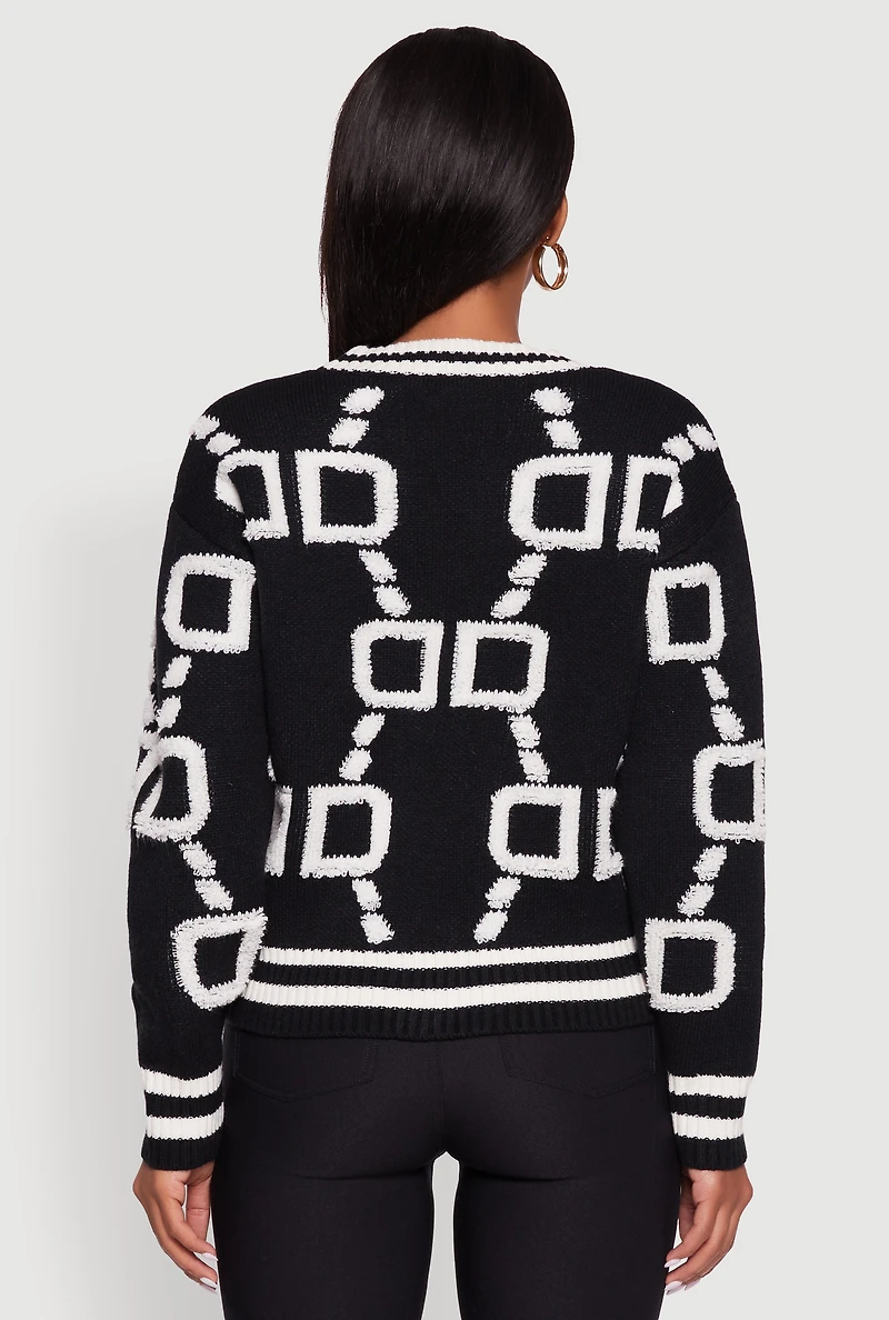 Womens Varsity Stripe Chenille Chain Print Cardigan, Black, Size XL