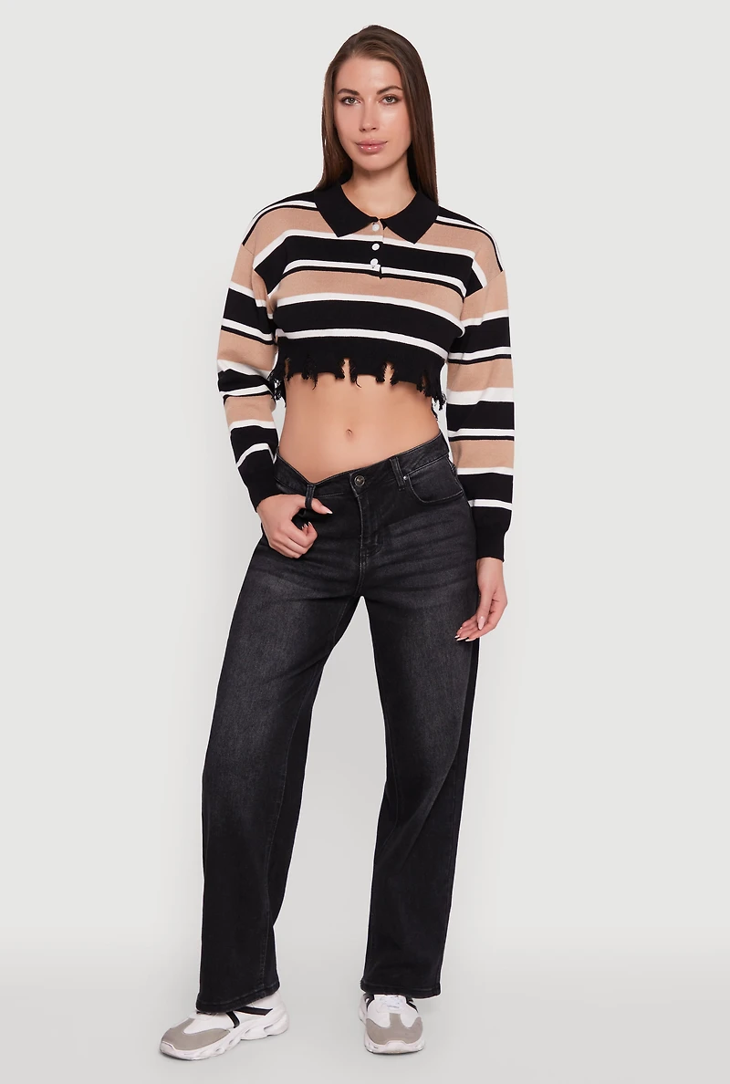 Striped Polo Collar Frayed Hem Crop Sweater