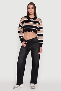 Striped Polo Collar Frayed Hem Crop Sweater