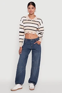 Womens Striped Polo Collar Frayed Hem Crop Sweater, Beige, Size S