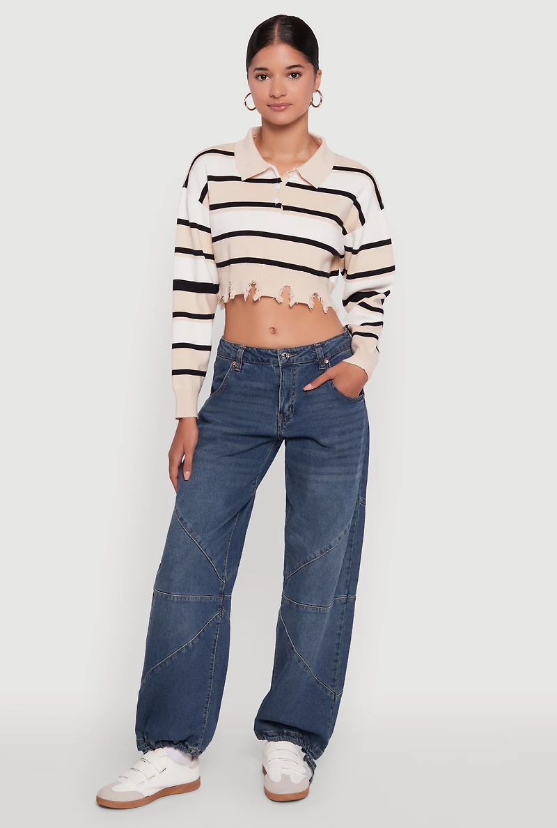Striped Polo Collar Frayed Hem Crop Sweater