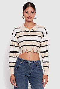 Womens Striped Polo Collar Frayed Hem Crop Sweater, Beige, Size S