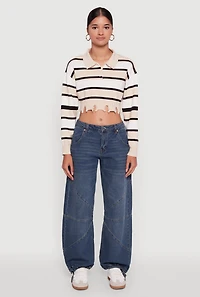 Womens Striped Polo Collar Frayed Hem Crop Sweater, Beige, Size S