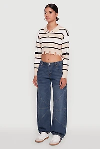 Womens Striped Polo Collar Frayed Hem Crop Sweater, Beige, Size S