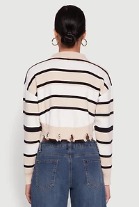 Womens Striped Polo Collar Frayed Hem Crop Sweater, Beige, Size S