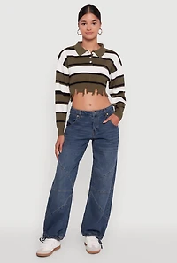 Womens Striped Polo Collar Frayed Hem Crop Sweater, L