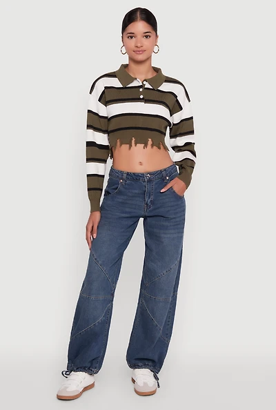 Striped Polo Collar Frayed Hem Crop Sweater