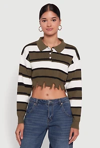Womens Striped Polo Collar Frayed Hem Crop Sweater, L