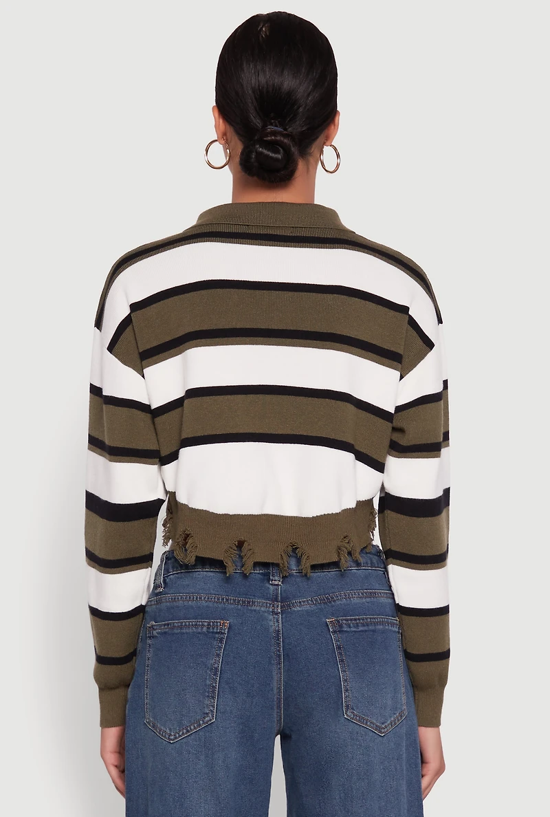 Womens Striped Polo Collar Frayed Hem Crop Sweater, L