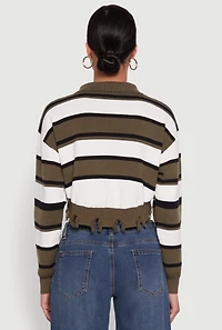 Womens Striped Polo Collar Frayed Hem Crop Sweater, L