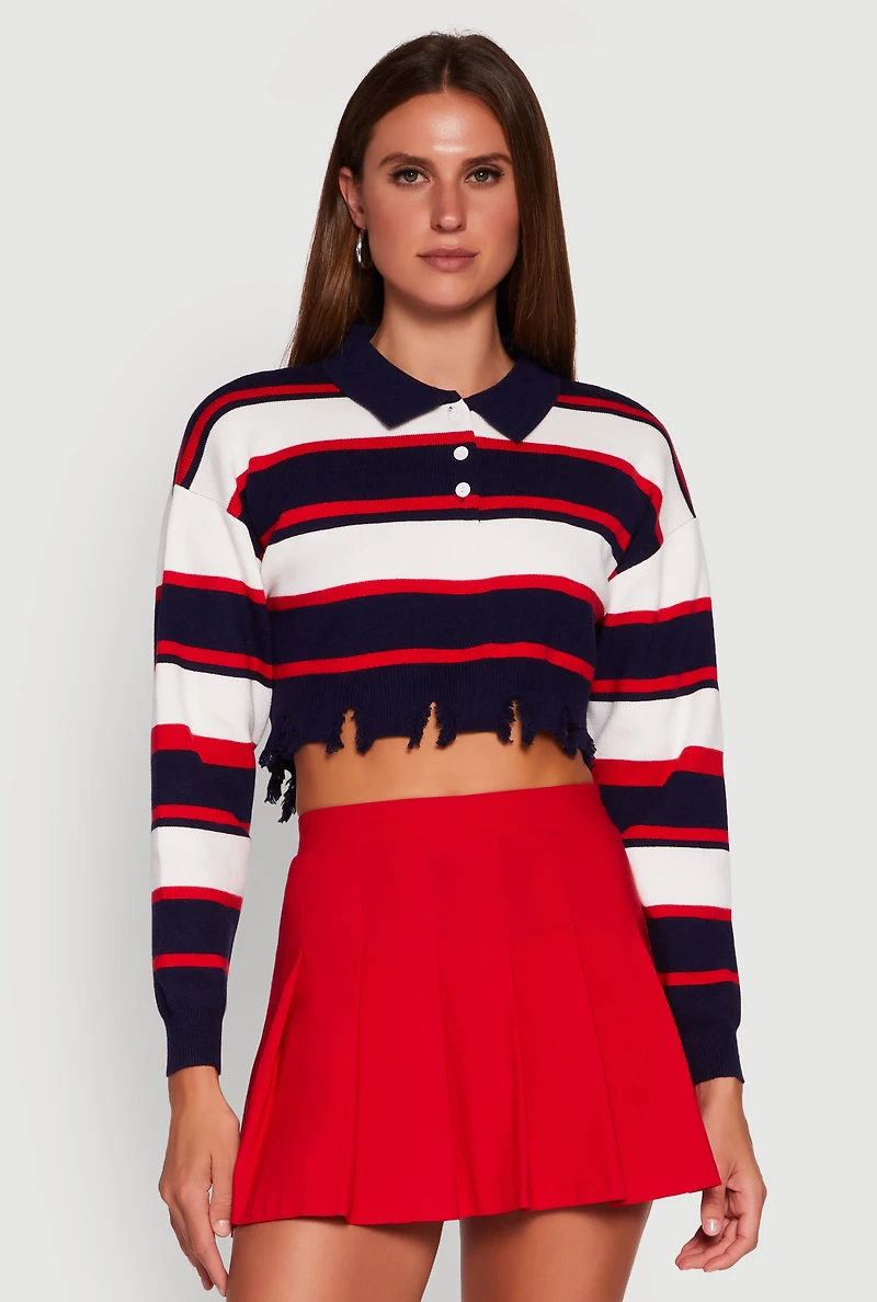 Womens Striped Polo Collar Frayed Hem Crop Sweater, Multi, Size L