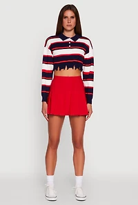 Womens Striped Polo Collar Frayed Hem Crop Sweater, Multi, Size L