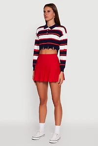 Womens Striped Polo Collar Frayed Hem Crop Sweater, Multi, Size L