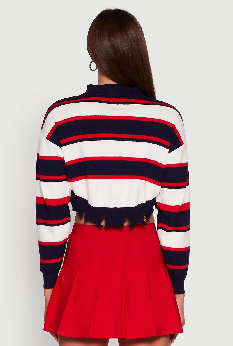 Womens Striped Polo Collar Frayed Hem Crop Sweater, Multi, Size L