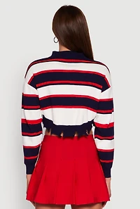 Womens Striped Polo Collar Frayed Hem Crop Sweater, Multi, Size L