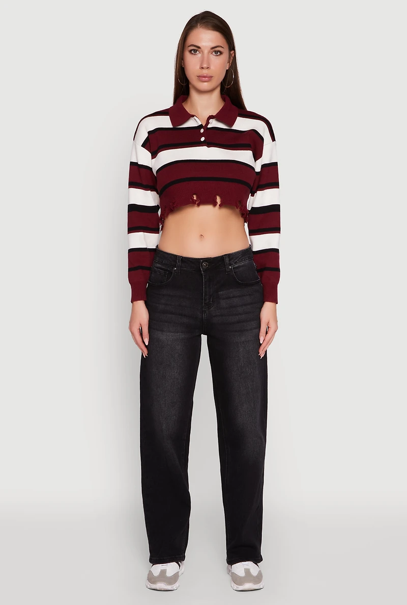 Striped Polo Collar Frayed Hem Crop Sweater