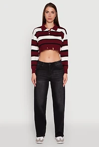 Striped Polo Collar Frayed Hem Crop Sweater