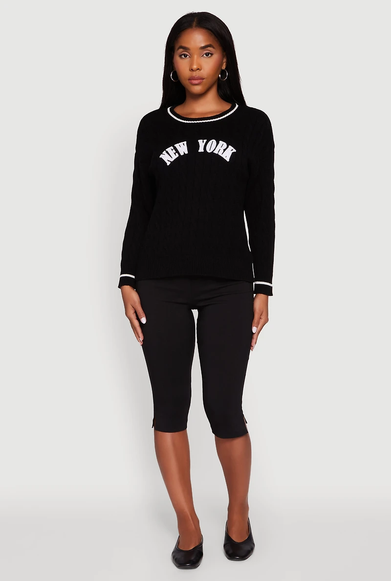 Womens New York Graphic Cable Knit Sweater, Black, Size XL