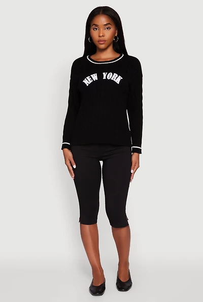 Womens New York Graphic Cable Knit Sweater, Black, Size XL