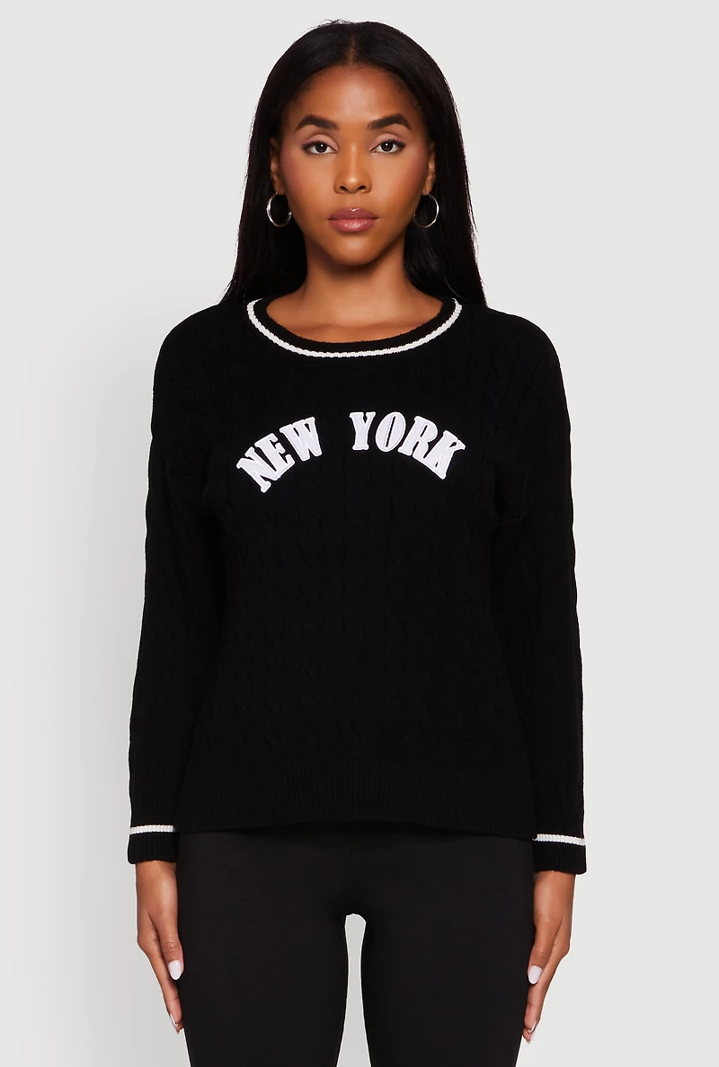 Womens New York Graphic Cable Knit Sweater, Black, Size XL