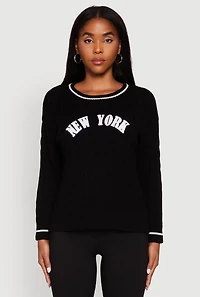 Womens New York Graphic Cable Knit Sweater, Black, Size XL