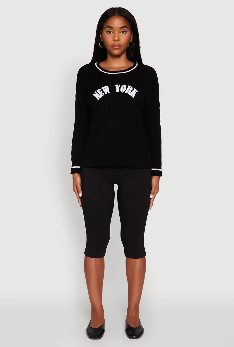 Womens New York Graphic Cable Knit Sweater, Black, Size XL