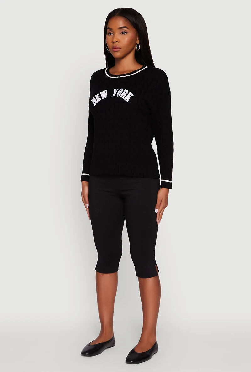 Womens New York Graphic Cable Knit Sweater, Black, Size XL