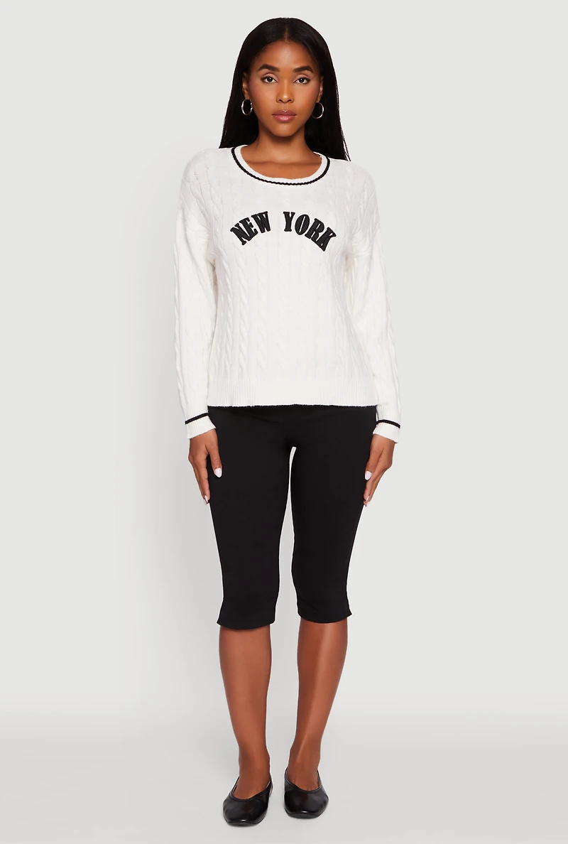 Womens New York Graphic Cable Knit Sweater, White, Size L