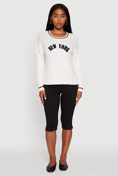 Womens New York Graphic Cable Knit Sweater, White, Size L