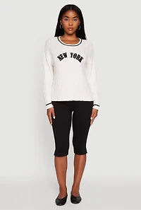 Womens New York Graphic Cable Knit Sweater, White, Size L