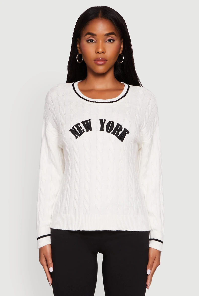 Womens New York Graphic Cable Knit Sweater, White, Size L