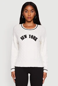 Womens New York Graphic Cable Knit Sweater, White, Size L
