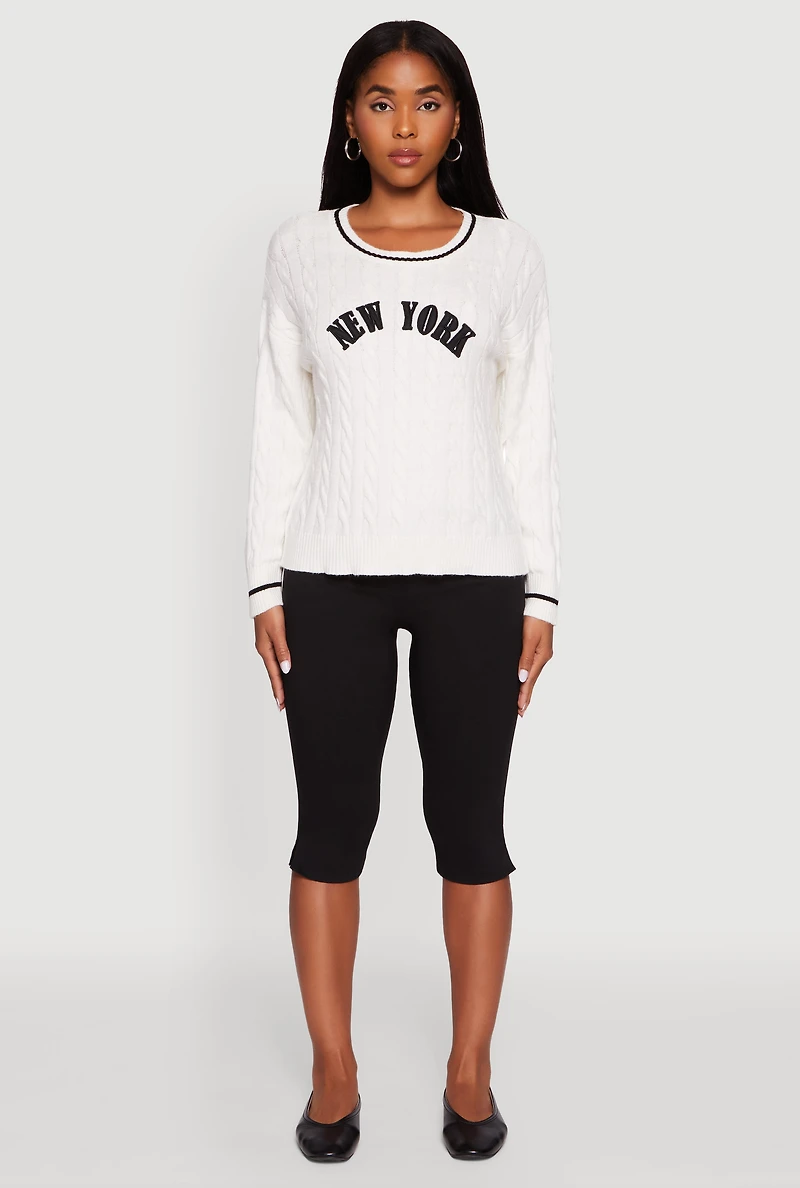 Womens New York Graphic Cable Knit Sweater, White, Size L