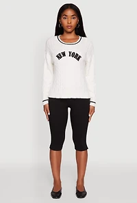 Womens New York Graphic Cable Knit Sweater, White, Size L