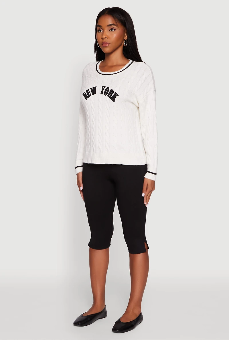 Womens New York Graphic Cable Knit Sweater, White, Size L